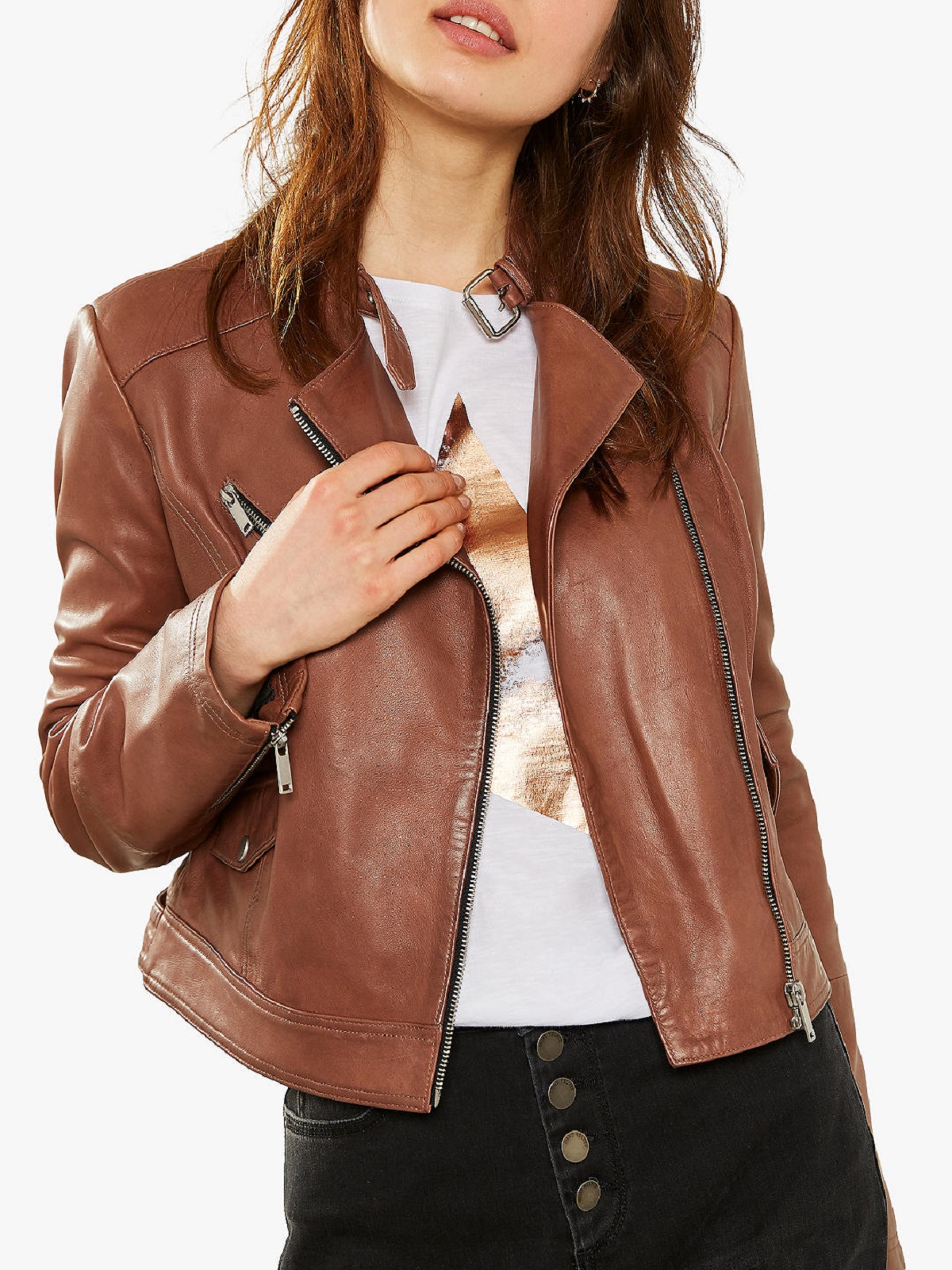 1-14-1.jpg Women Tan Biker Jacket - Image 1