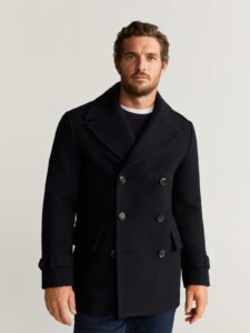 Men Black Double Breasted Wool Coat - Image 3