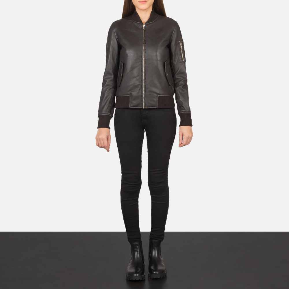 1-2-7.jpg Women Dark Brown Bomber Jacket - Mauve Tree - Image 1