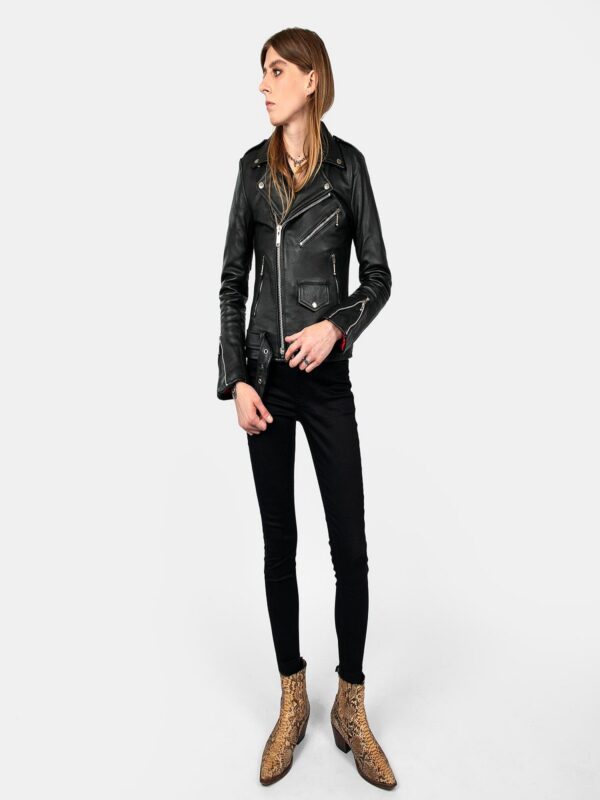 Women Jet Black Biker Jacket - Mauve Tree