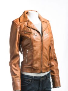 Tan Short Biker Leather Jacket - Image 3
