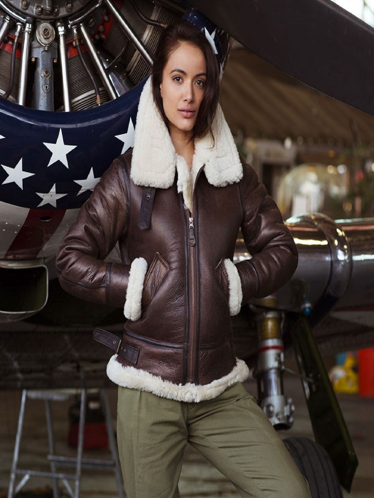 1-7-5.jpg Women Brown B3 Shearling Jacket - Image 1