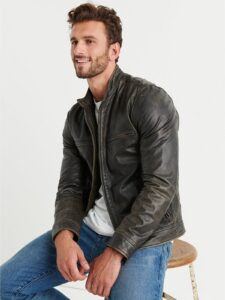 Men Faded Black Leather Jacket - Image 3