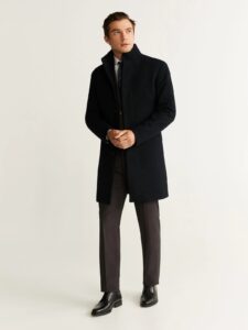 Men Jet Black Wool Trench