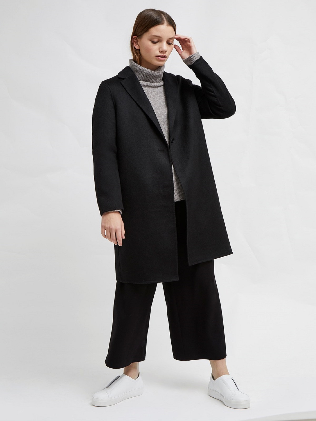 1-8-3.jpg Women Pure Black Wool Trench - Image 1