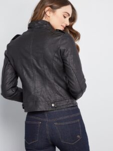Women Black Textured Leather Jacket - Image 2