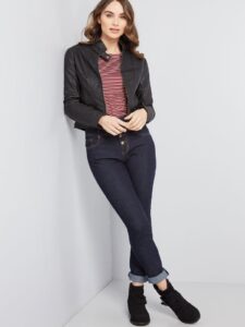 Women Black Textured Leather Jacket