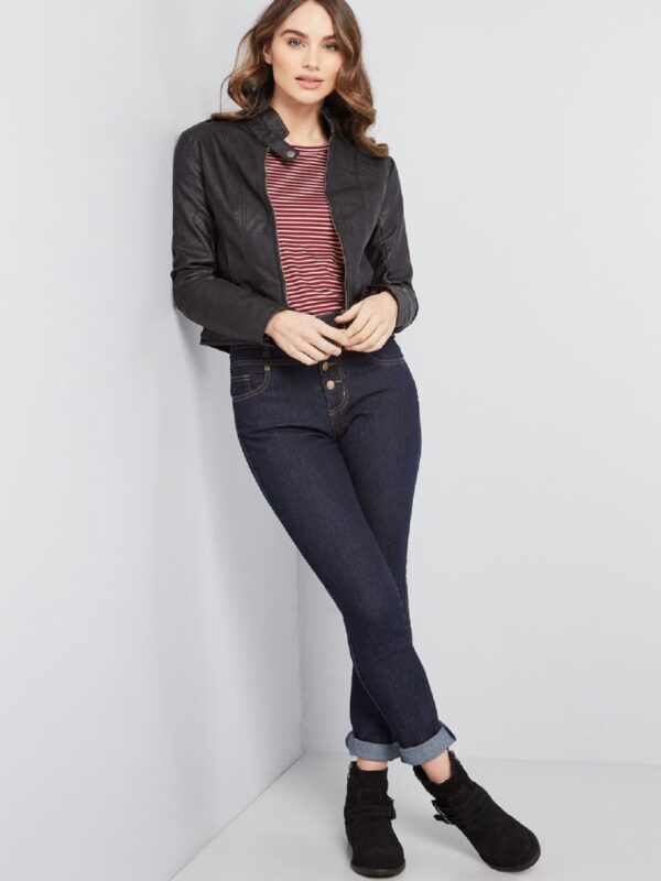 Women Black Textured Leather Jacket