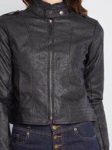 Women Black Textured Leather Jacket - Image 4