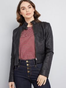 Women Black Textured Leather Jacket - Image 3