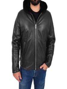 Men Black Leather Jacket With Fur Hoodie - Image 4