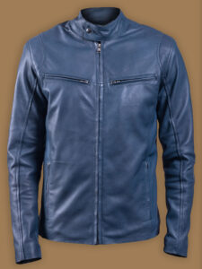 Men Blue Slim Fit Leather Jacket