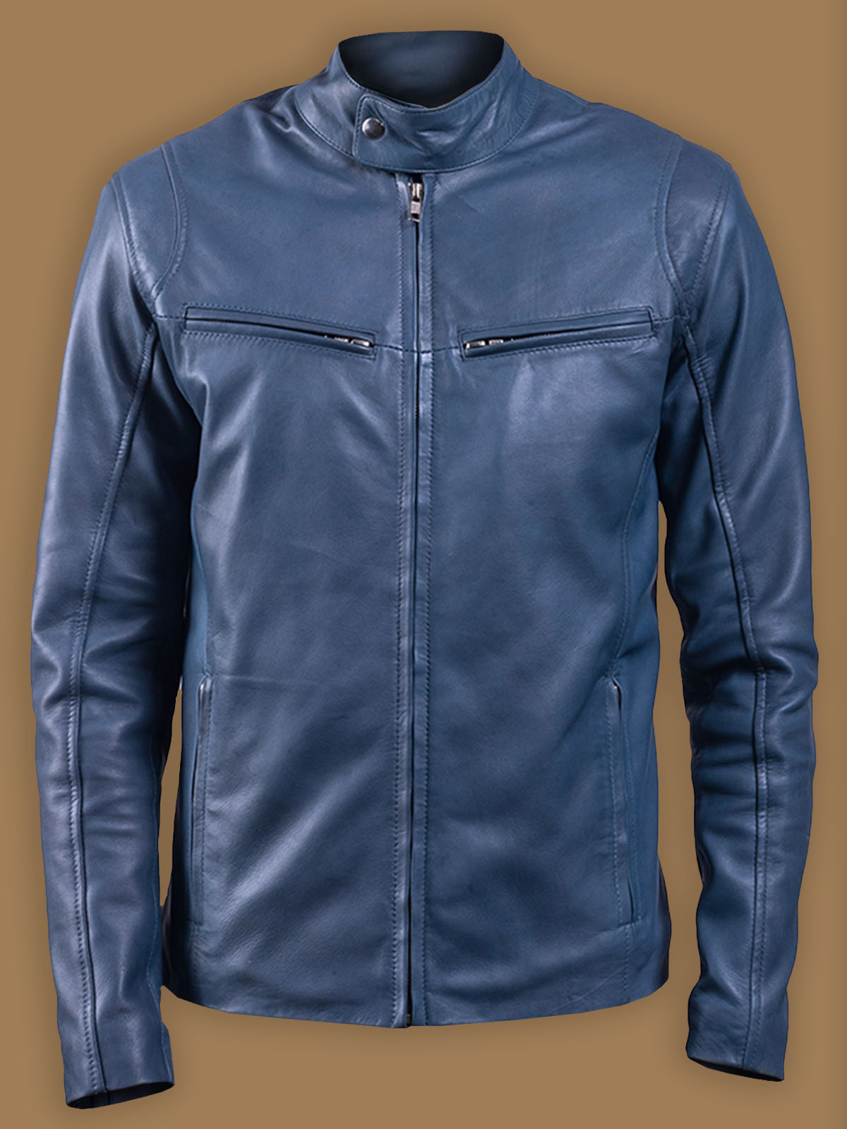 2-1-4.jpg Men Blue Slim Fit Leather Jacket - Image 1