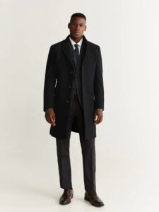 Men Black Lapel Wool Coat