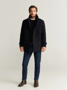 Men Black Double Breasted Wool Coat