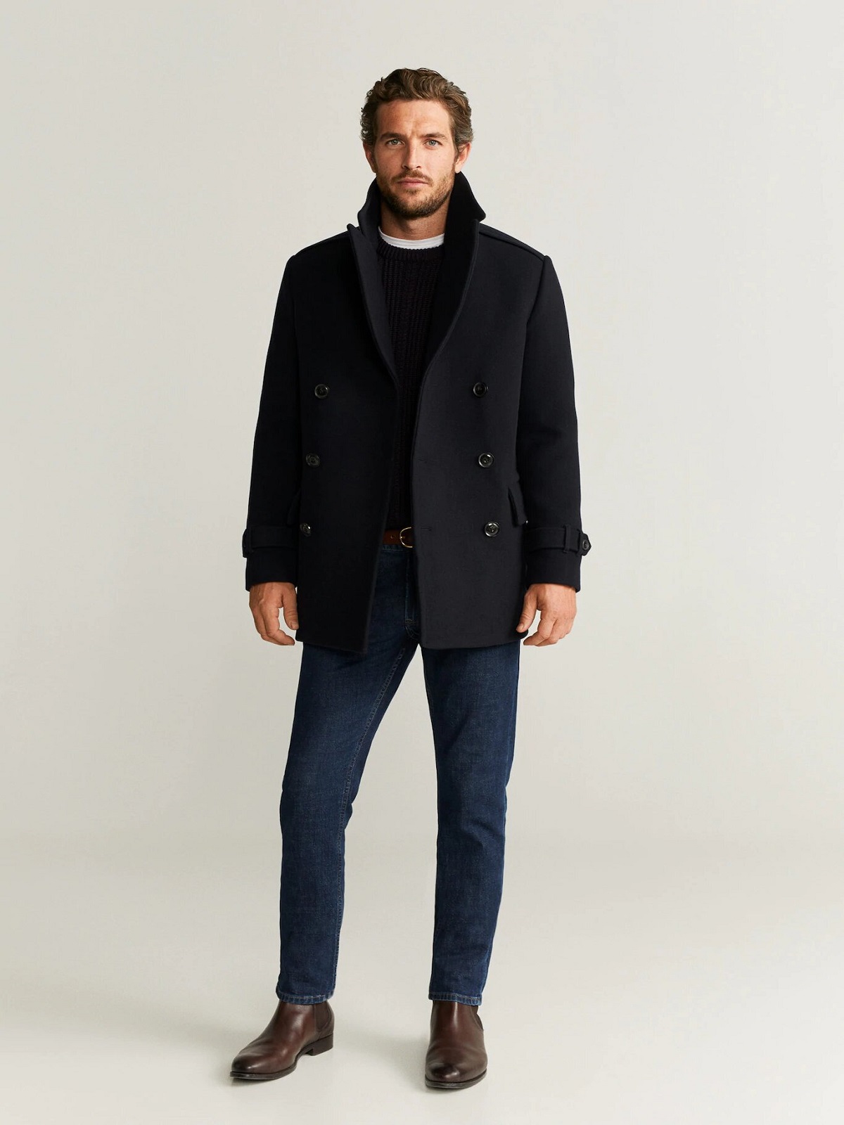 2-2-5.jpg Men Black Double Breasted Wool Coat - Image 1