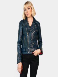 Women Sea Blue Leather Jacket - Image 2