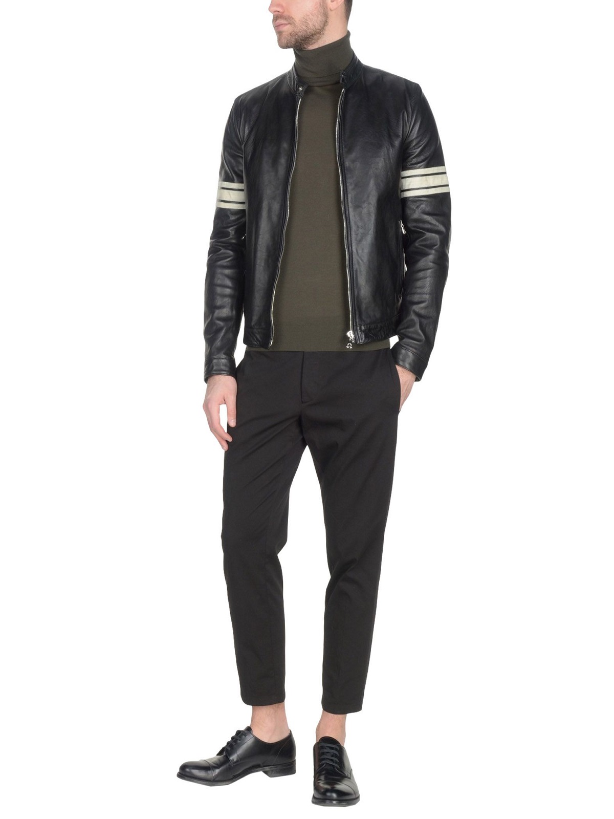 2-25.jpg Men Black Leather Jacket With White Strips - Image 1