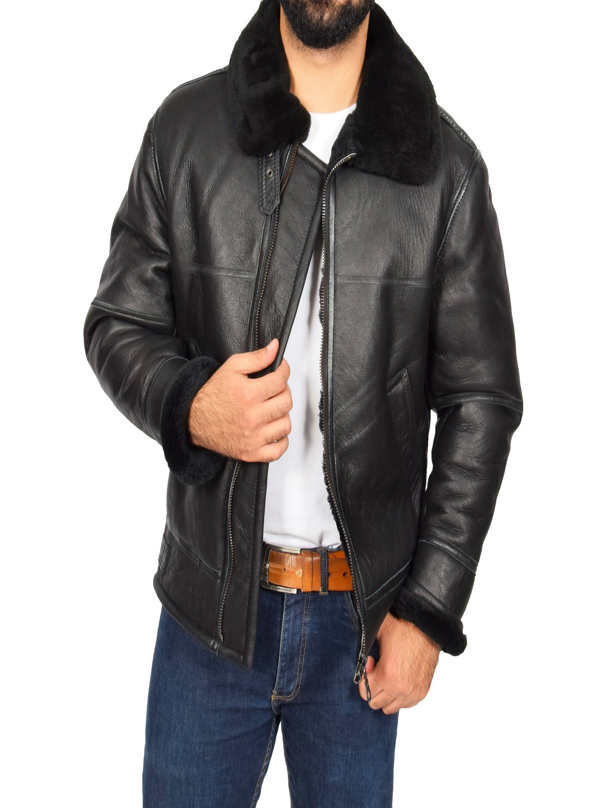26-1.jpg Men Black Shearling Flying Leather Jacket - Image 1