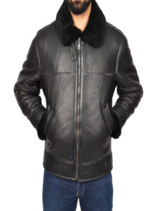 Men Black Shearling Flying Leather Jacket - Image 3