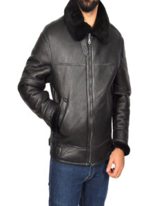 Men Black Shearling Flying Leather Jacket - Image 4