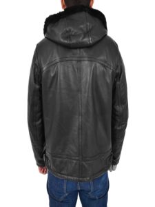 Men Black Leather Jacket With Fur Hoodie - Image 2