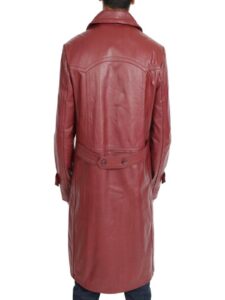 Men Dark Red Long Leather Trench - Image 2
