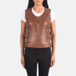 Women Brown Biker Vest - Mauve Tree - Image 3