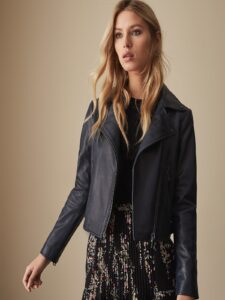Women Navy Blue Leather Jacket - Image 4