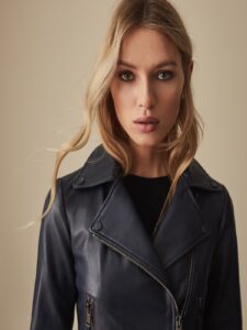 Women Navy Blue Leather Jacket - Image 3