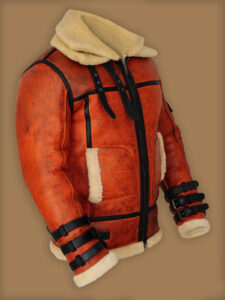 Men Distressed Brown Shearling Jacket - Image 3