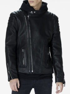 detachable hooded black biker jacket