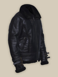 Men Black Biker Shearling Jacket - Mauve Tree - Image 3