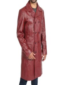 Men Dark Red Long Leather Trench - Image 3