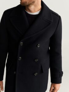 Men Black Double Breasted Wool Coat - Image 4