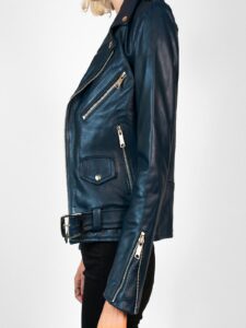 Women Sea Blue Leather Jacket - Image 4