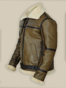 Army Greenish Brown Shearling Leather Jacket - Image 4