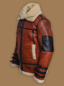 Women Distressed Brown Shearling Leather Jacket - Image 5