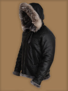 Men Black Shearling Jacket With Hoodie - Mauve Tree - Image 4