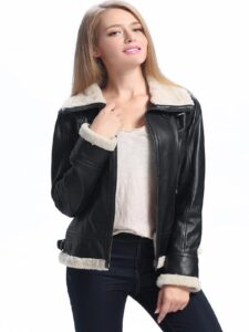 Women Black Bomber Shearling Jacket