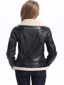 Women Black Bomber Shearling Jacket - Image 2