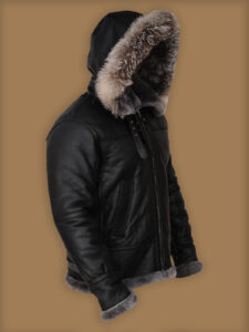 Men Black Shearling Jacket With Hoodie - Mauve Tree - Image 3