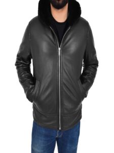 Men Black Leather Jacket With Fur Hoodie - Image 3