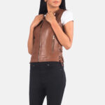 Women Brown Biker Vest - Mauve Tree - Image 5