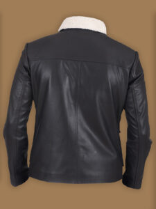 Men Black Button Shearling Leather Jacket - Image 2