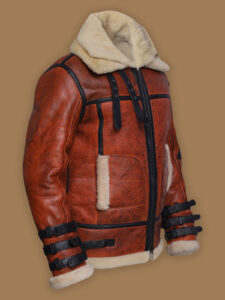 Women Distressed Brown Shearling Leather Jacket - Image 4