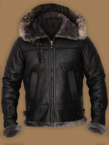 Men Black Shearling Jacket With Hoodie - Mauve Tree - Image 5