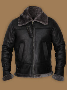 Men Black Shearling Jacket With Hoodie - Mauve Tree - Image 6
