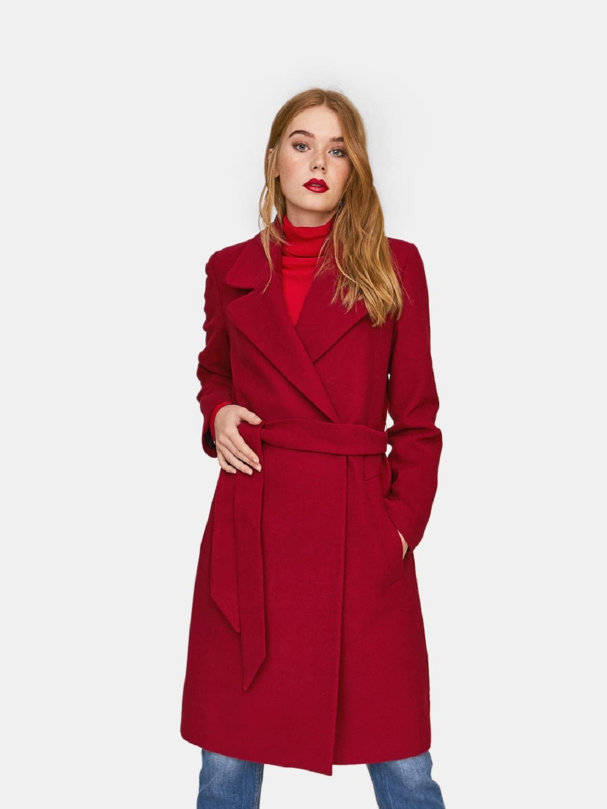 5869130101_2_3_2.jpg Women Red Wool Coat With Belt - Image 1