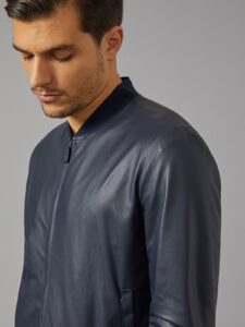 Men Blue Varsity Leather Jacket - Image 4